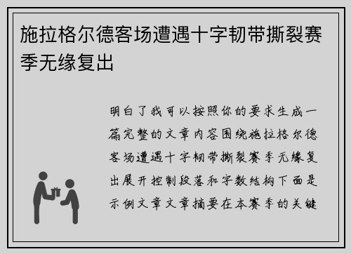 施拉格尔德客场遭遇十字韧带撕裂赛季无缘复出