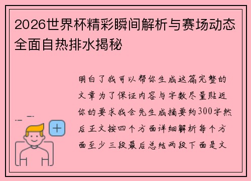 2026世界杯精彩瞬间解析与赛场动态全面自热排水揭秘