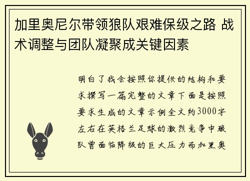 加里奥尼尔带领狼队艰难保级之路 战术调整与团队凝聚成关键因素